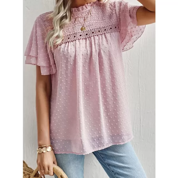 Womens Summer Dressy Blouses Crewneck Swiss Dot Short Sleeve Smocked Tunic Tops for Leggings Casual TShirtsPink
