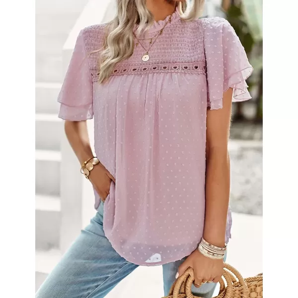 Womens Summer Dressy Blouses Crewneck Swiss Dot Short Sleeve Smocked Tunic Tops for Leggings Casual TShirtsPink