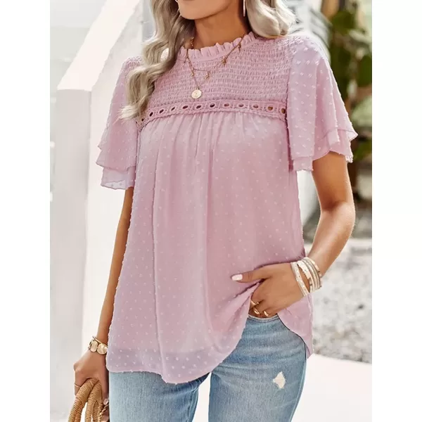 Womens Summer Dressy Blouses Crewneck Swiss Dot Short Sleeve Smocked Tunic Tops for Leggings Casual TShirtsPink