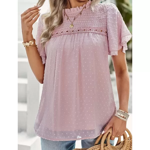 Womens Summer Dressy Blouses Crewneck Swiss Dot Short Sleeve Smocked Tunic Tops for Leggings Casual TShirtsPink