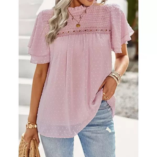 Womens Summer Dressy Blouses Crewneck Swiss Dot Short Sleeve Smocked Tunic Tops for Leggings Casual TShirtsPink