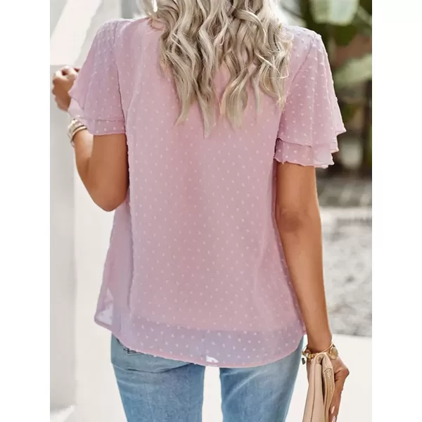 Womens Summer Dressy Blouses Crewneck Swiss Dot Short Sleeve Smocked Tunic Tops for Leggings Casual TShirtsPink