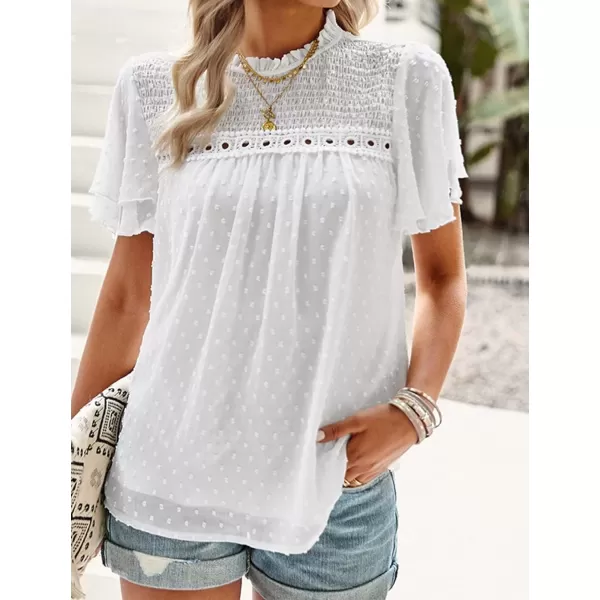 Womens Summer Dressy Blouses Crewneck Swiss Dot Short Sleeve Smocked Tunic Tops for Leggings Casual TShirtsWhite