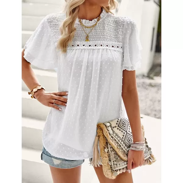 Womens Summer Dressy Blouses Crewneck Swiss Dot Short Sleeve Smocked Tunic Tops for Leggings Casual TShirtsWhite