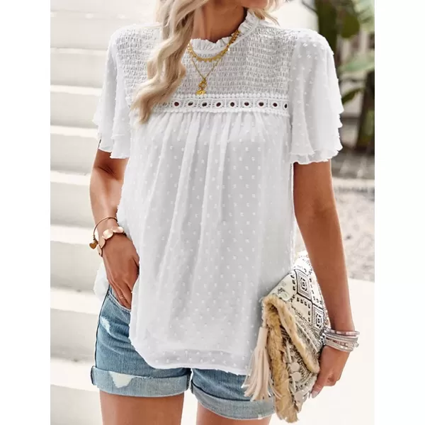 Womens Summer Dressy Blouses Crewneck Swiss Dot Short Sleeve Smocked Tunic Tops for Leggings Casual TShirtsWhite