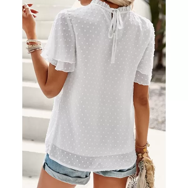 Womens Summer Dressy Blouses Crewneck Swiss Dot Short Sleeve Smocked Tunic Tops for Leggings Casual TShirtsWhite
