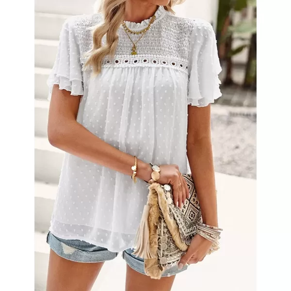 Womens Summer Dressy Blouses Crewneck Swiss Dot Short Sleeve Smocked Tunic Tops for Leggings Casual TShirtsWhite
