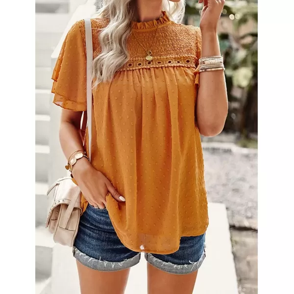 Womens Summer Dressy Blouses Crewneck Swiss Dot Short Sleeve Smocked Tunic Tops for Leggings Casual TShirtsYellow