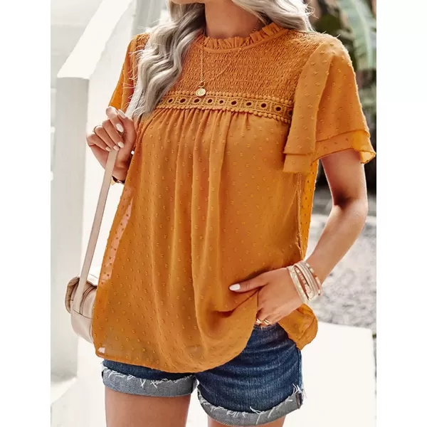 Womens Summer Dressy Blouses Crewneck Swiss Dot Short Sleeve Smocked Tunic Tops for Leggings Casual TShirtsYellow