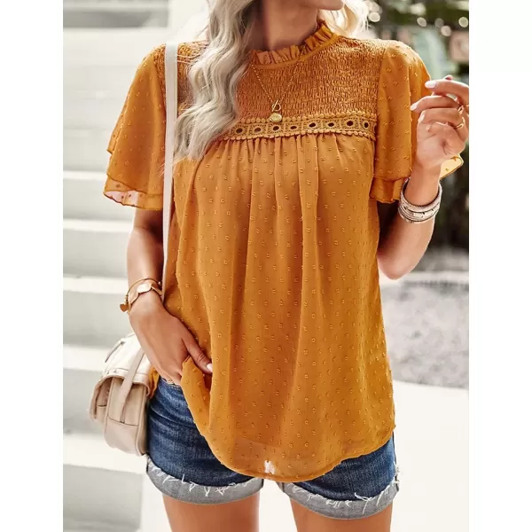 Womens Summer Dressy Blouses Crewneck Swiss Dot Short Sleeve Smocked Tunic Tops for Leggings Casual TShirtsYellow