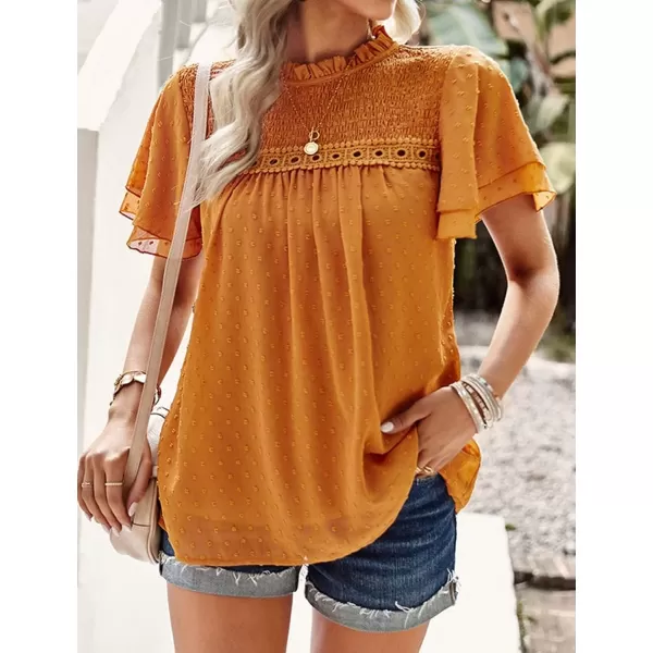 Womens Summer Dressy Blouses Crewneck Swiss Dot Short Sleeve Smocked Tunic Tops for Leggings Casual TShirtsYellow