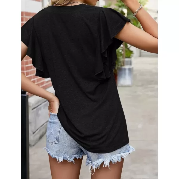 Womens Summer Shirt V Neck Casual Tshirts Ruffle Butterfly Sleeve Tops for Women Solid ColorBlack