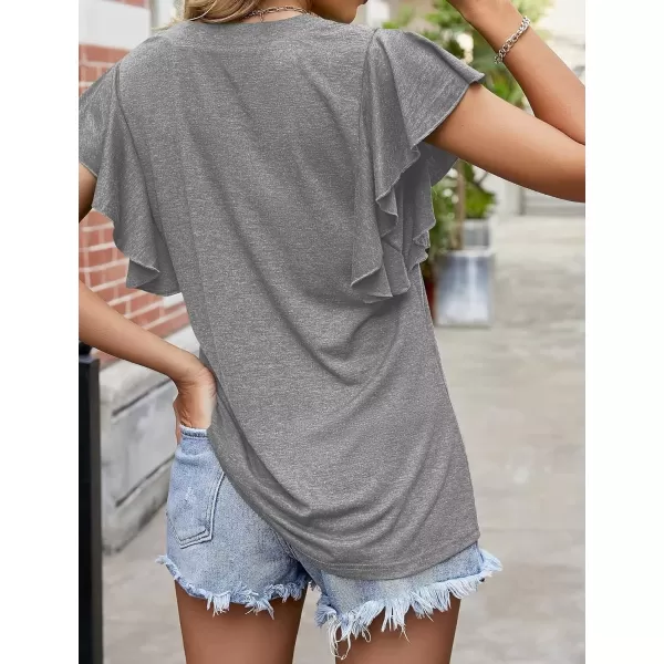 Womens Summer Shirt V Neck Casual Tshirts Ruffle Butterfly Sleeve Tops for Women Solid ColorGrey