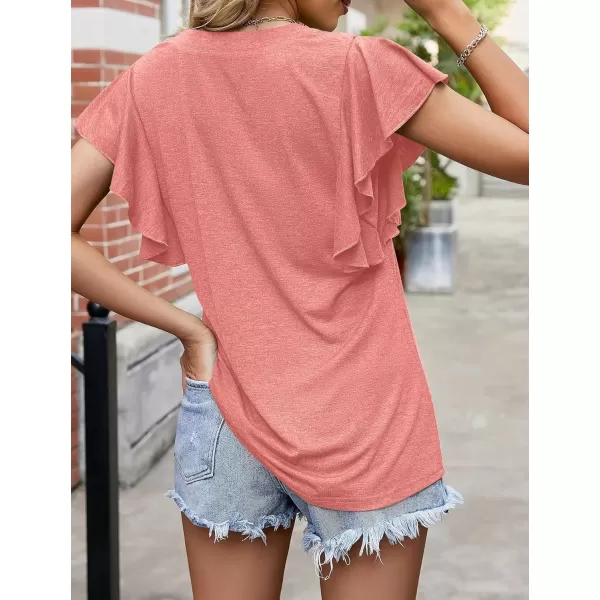 Womens Summer Shirt V Neck Casual Tshirts Ruffle Butterfly Sleeve Tops for Women Solid ColorPink