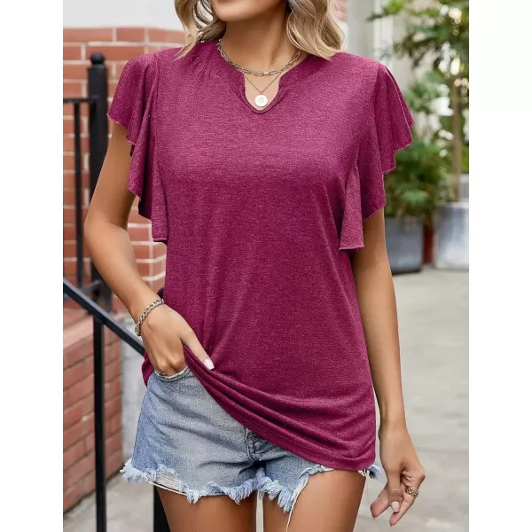 Womens Summer Shirt V Neck Casual Tshirts Ruffle Butterfly Sleeve Tops for Women Solid ColorWine Red