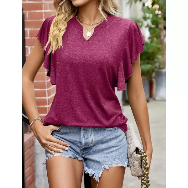 Womens Summer Shirt V Neck Casual Tshirts Ruffle Butterfly Sleeve Tops for Women Solid ColorWine Red