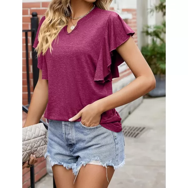 Womens Summer Shirt V Neck Casual Tshirts Ruffle Butterfly Sleeve Tops for Women Solid ColorWine Red