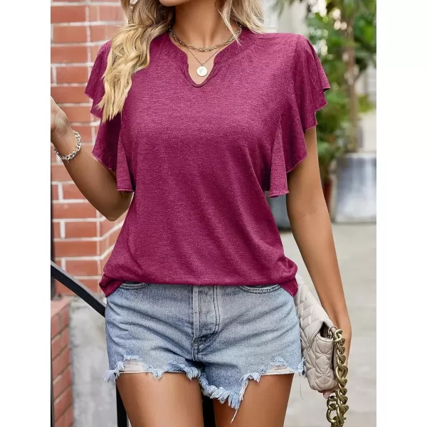 Womens Summer Shirt V Neck Casual Tshirts Ruffle Butterfly Sleeve Tops for Women Solid ColorWine Red