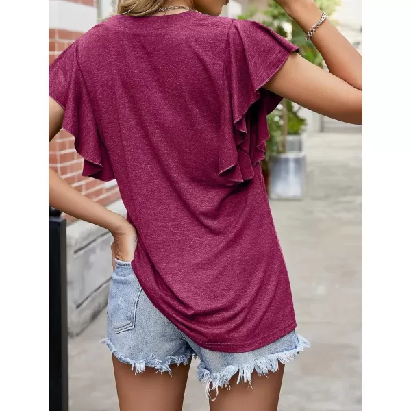 Womens Summer Shirt V Neck Casual Tshirts Ruffle Butterfly Sleeve Tops for Women Solid ColorWine Red