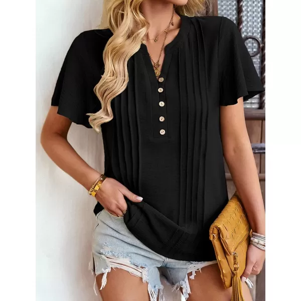 Womens Summer Tops Casual Button Down Henley V Neck Tee Shirts Short Sleeve Fashion Loose BlouseBlack
