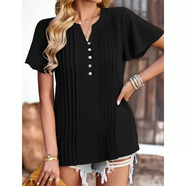 Womens Summer Tops Casual Button Down Henley V Neck Tee Shirts Short Sleeve Fashion Loose BlouseBlack