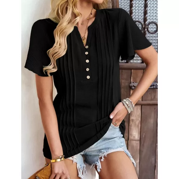 Womens Summer Tops Casual Button Down Henley V Neck Tee Shirts Short Sleeve Fashion Loose BlouseBlack
