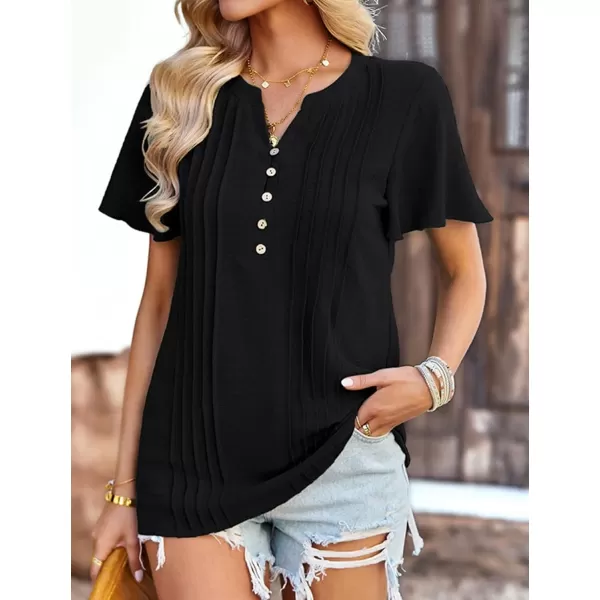 Womens Summer Tops Casual Button Down Henley V Neck Tee Shirts Short Sleeve Fashion Loose BlouseBlack