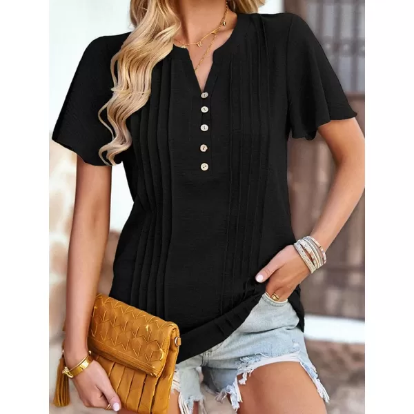 Womens Summer Tops Casual Button Down Henley V Neck Tee Shirts Short Sleeve Fashion Loose BlouseBlack