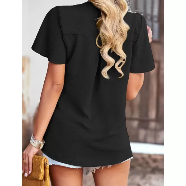 Womens Summer Tops Casual Button Down Henley V Neck Tee Shirts Short Sleeve Fashion Loose BlouseBlack