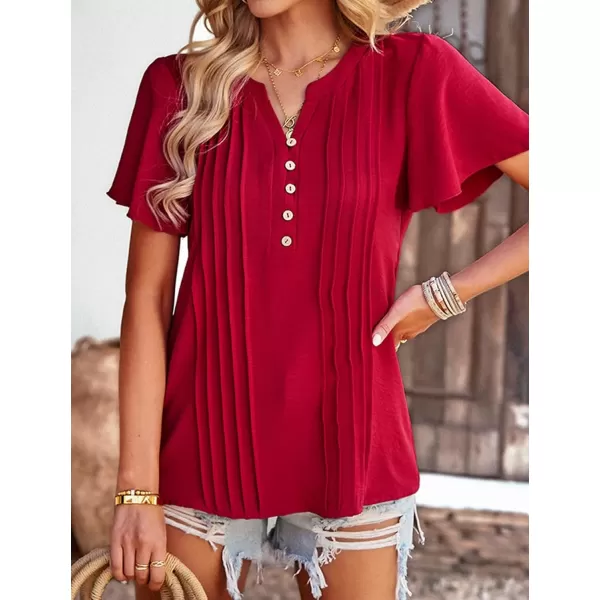 Womens Summer Tops Casual Button Down Henley V Neck Tee Shirts Short Sleeve Fashion Loose BlouseWine Red