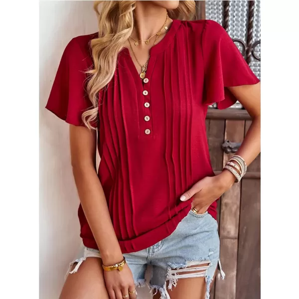 Womens Summer Tops Casual Button Down Henley V Neck Tee Shirts Short Sleeve Fashion Loose BlouseWine Red