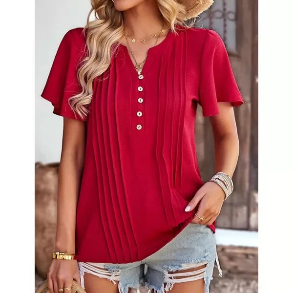 Womens Summer Tops Casual Button Down Henley V Neck Tee Shirts Short Sleeve Fashion Loose BlouseWine Red