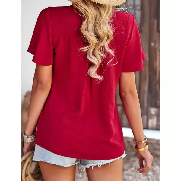 Womens Summer Tops Casual Button Down Henley V Neck Tee Shirts Short Sleeve Fashion Loose BlouseWine Red