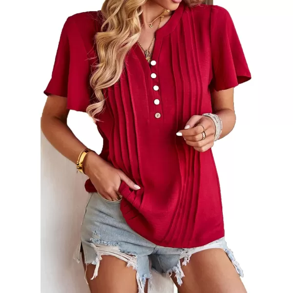 Womens Summer Tops Casual Button Down Henley V Neck Tee Shirts Short Sleeve Fashion Loose BlouseWine Red