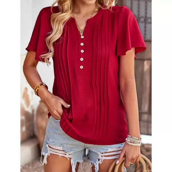Womens Summer Tops Casual Button Down Henley V Neck Tee Shirts Short Sleeve Fashion Loose BlouseWine Red