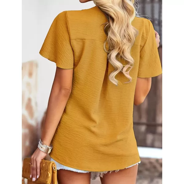 Womens Summer Tops Casual Button Down Henley V Neck Tee Shirts Short Sleeve Fashion Loose BlouseYellow