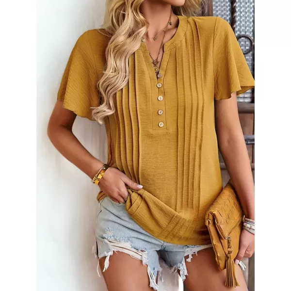 Womens Summer Tops Casual Button Down Henley V Neck Tee Shirts Short Sleeve Fashion Loose BlouseYellow