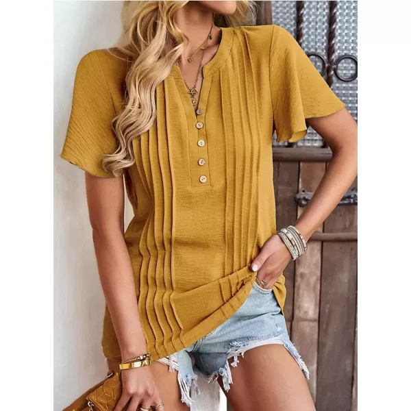 Womens Summer Tops Casual Button Down Henley V Neck Tee Shirts Short Sleeve Fashion Loose BlouseYellow