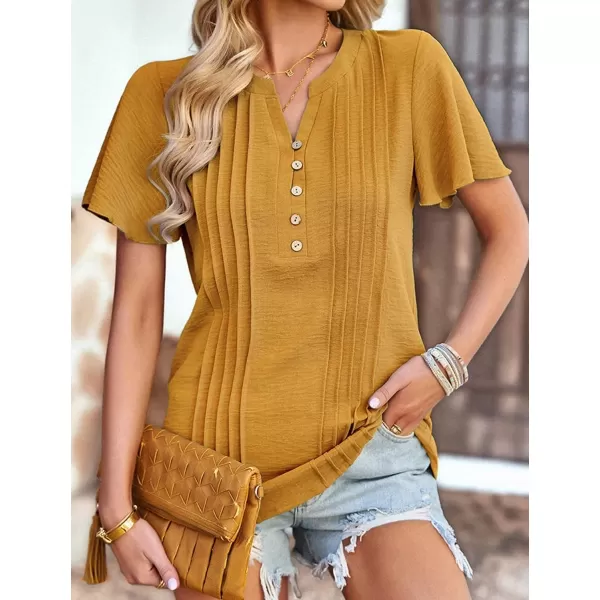 Womens Summer Tops Casual Button Down Henley V Neck Tee Shirts Short Sleeve Fashion Loose BlouseYellow