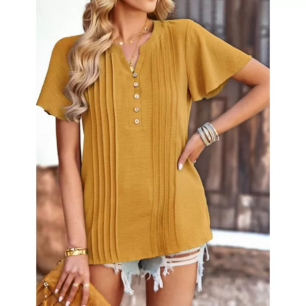Womens Summer Tops Casual Button Down Henley V Neck Tee Shirts Short Sleeve Fashion Loose BlouseYellow