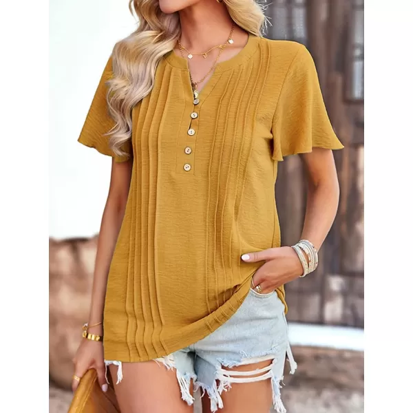 Womens Summer Tops Casual Button Down Henley V Neck Tee Shirts Short Sleeve Fashion Loose BlouseYellow