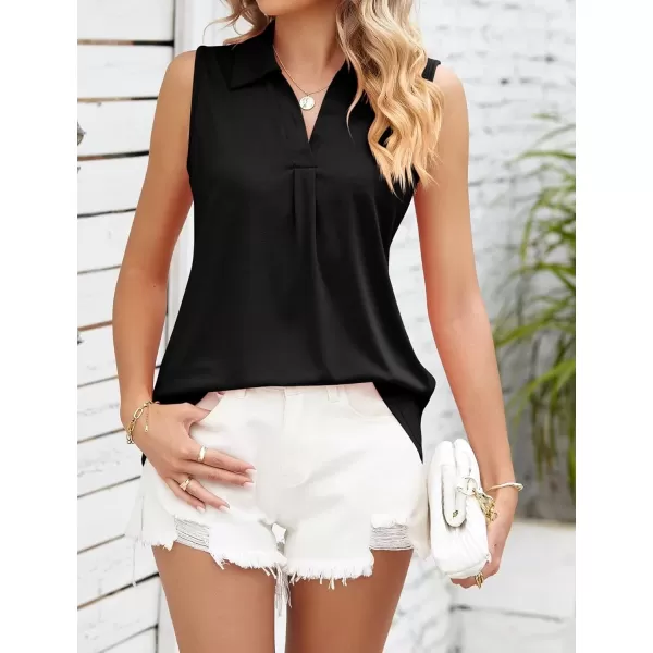 Womens V Neck Polo Shirts Sleeveless Collared Tops Loose Pleated Casual Tunic BlousesBlack