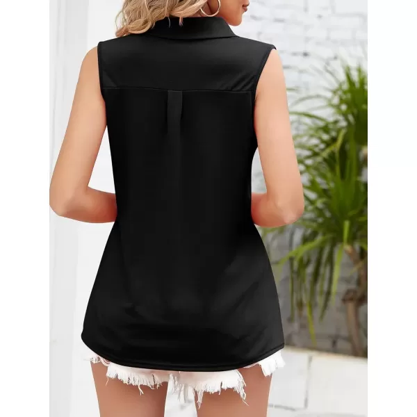 Womens V Neck Polo Shirts Sleeveless Collared Tops Loose Pleated Casual Tunic BlousesBlack