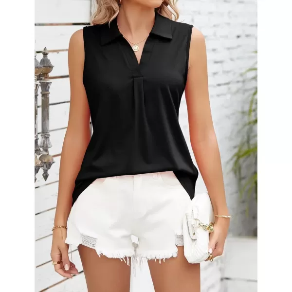 Womens V Neck Polo Shirts Sleeveless Collared Tops Loose Pleated Casual Tunic BlousesBlack