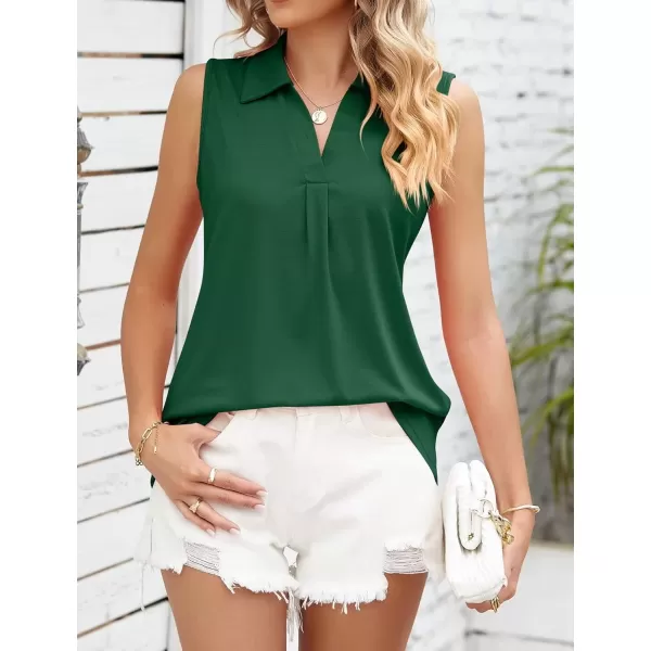 Womens V Neck Polo Shirts Sleeveless Collared Tops Loose Pleated Casual Tunic BlousesDark Green