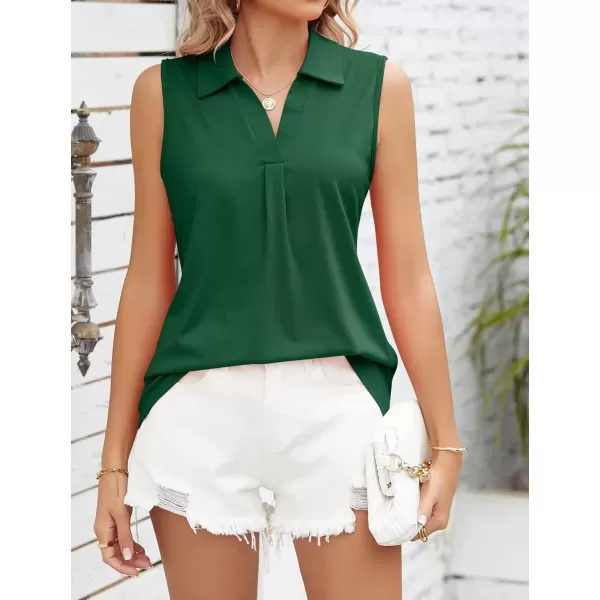 Womens V Neck Polo Shirts Sleeveless Collared Tops Loose Pleated Casual Tunic BlousesDark Green