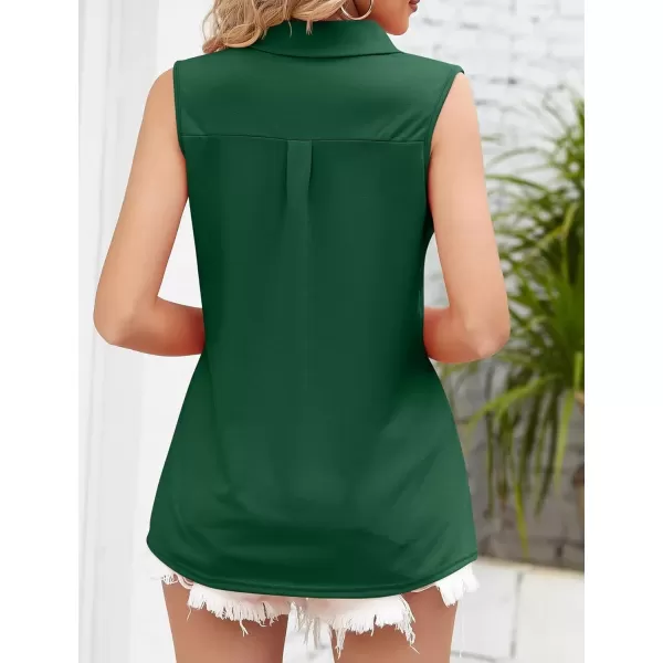 Womens V Neck Polo Shirts Sleeveless Collared Tops Loose Pleated Casual Tunic BlousesDark Green