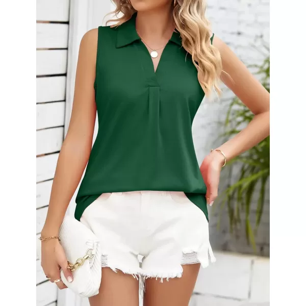 Womens V Neck Polo Shirts Sleeveless Collared Tops Loose Pleated Casual Tunic BlousesDark Green