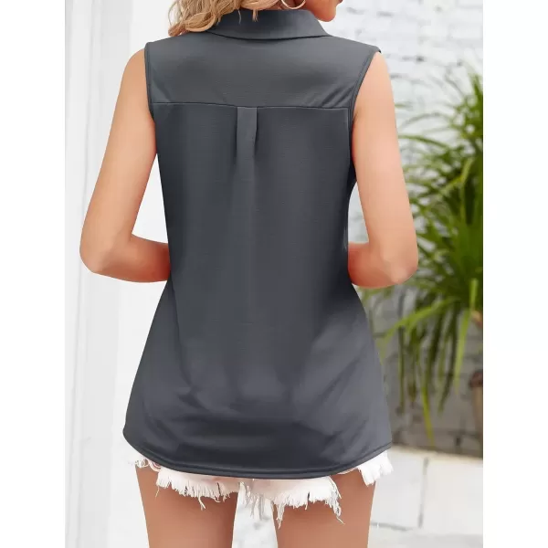 Womens V Neck Polo Shirts Sleeveless Collared Tops Loose Pleated Casual Tunic BlousesGray