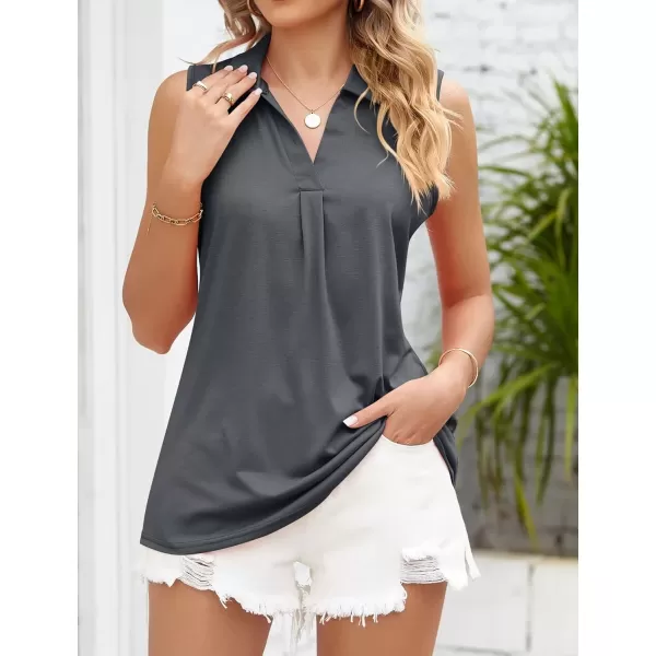 Womens V Neck Polo Shirts Sleeveless Collared Tops Loose Pleated Casual Tunic BlousesGray